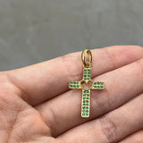 Dije Cruz Corazón Circon Verde Oro amarillo 18k 1,40 Gr / 1,12 mm / 2,5 Cm