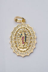 Dije Virgen de Guadalupe circón azul y rosado oro amarillo 18k 3,59 gr / 3 cm