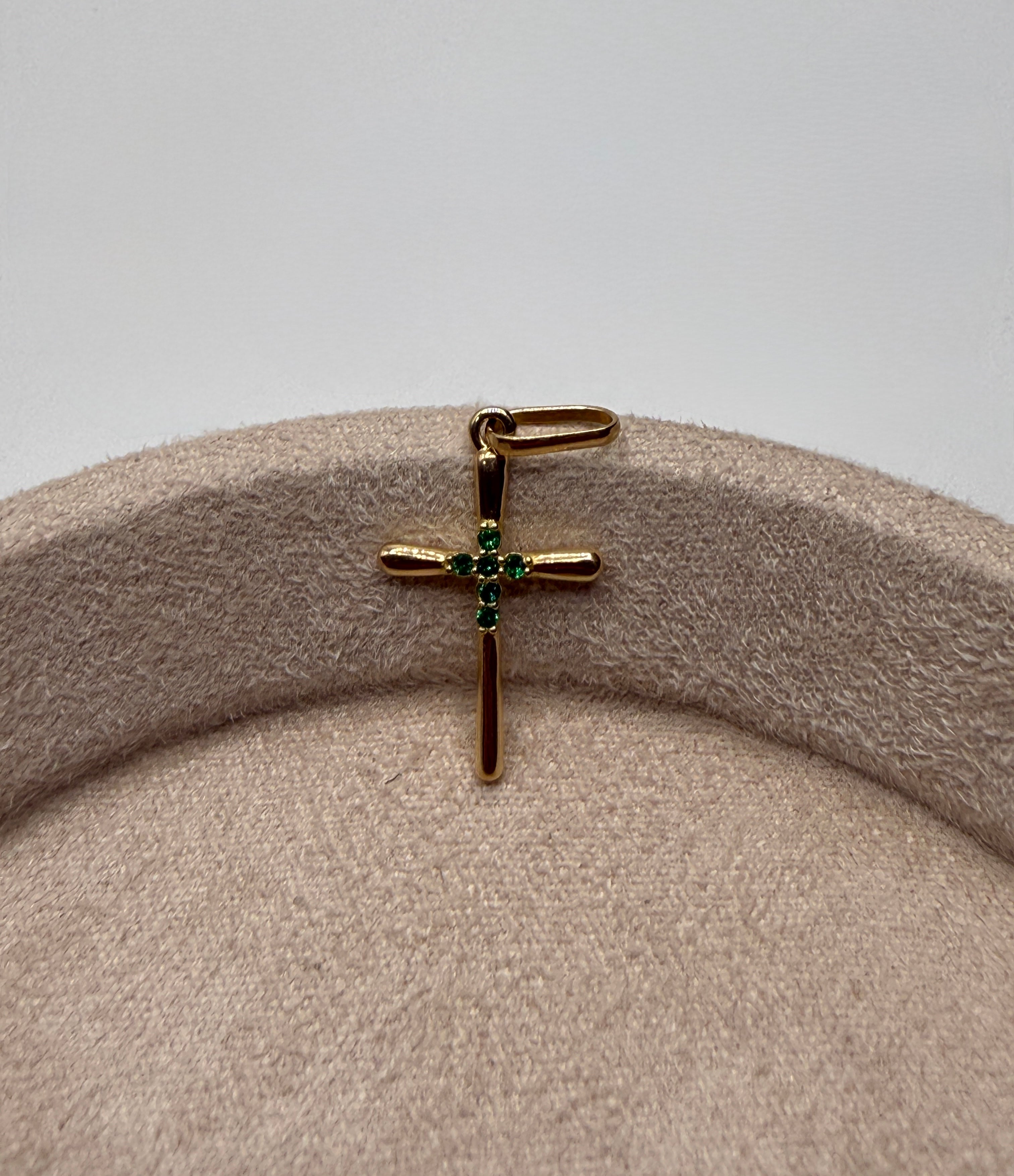 Dije cruz circón verde oro amarillo 18k 1,10 gr / 3 cm