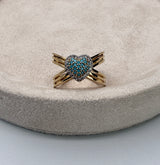 Anillo corazón cruzado circones azul y blanco oro amarillo 18k / talla 5 / 4,17 gr