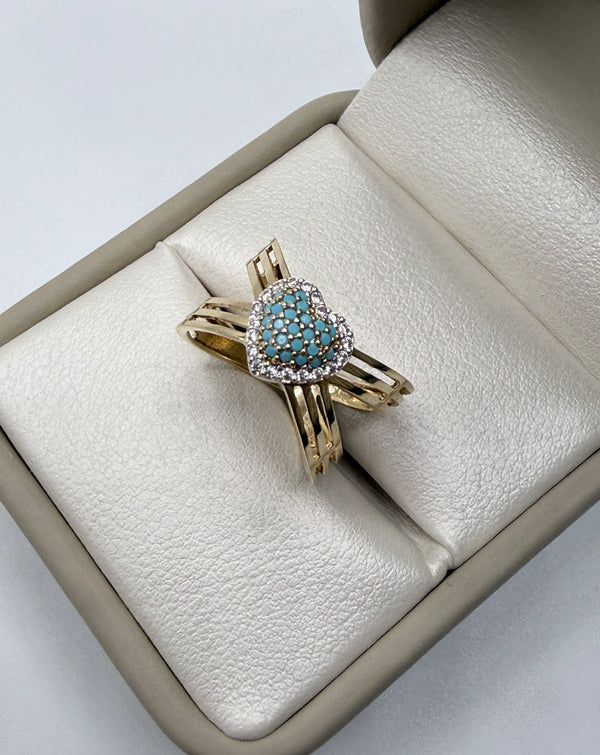 Anillo corazón cruzado circones azul y blanco oro amarillo 18k / talla 5 / 4,17 gr